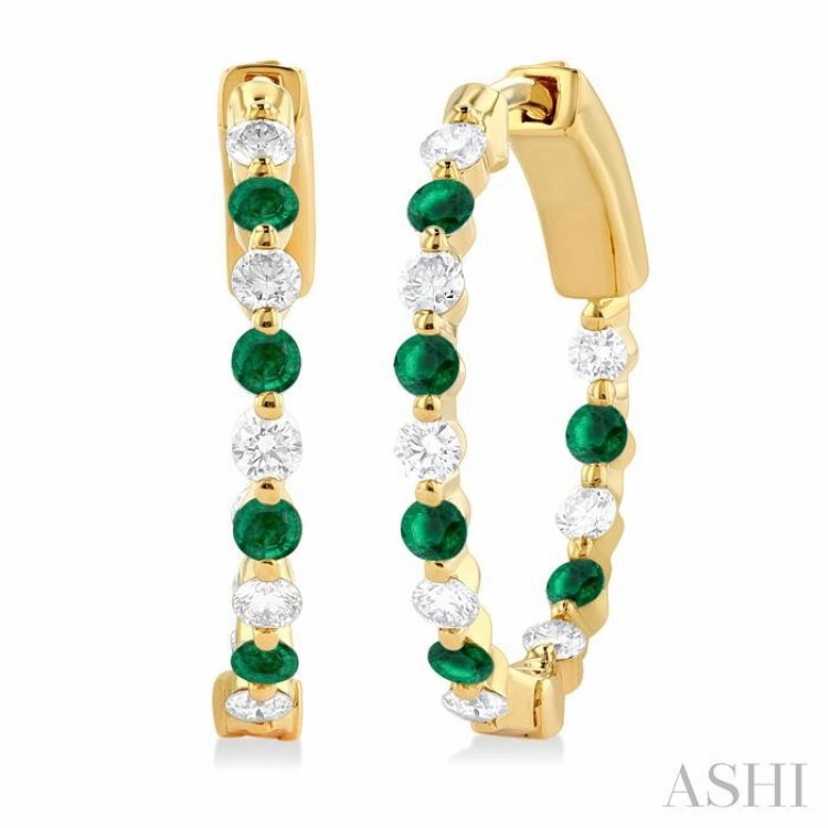 Graceful Accent 2 MM Round Cut Emerald and 1/2 Ctw Round Cut Diamond Precious Inside-Out Alternating Hoop Earrings in 14K Yellow Gold