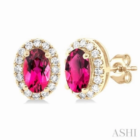 Celebration Style 5x3 MM Oval Shape Pink Tourmaline and 1/8 Ctw Single Cut Diamond Halo Semi-Precious Stud Earrings in 14K Yellow Gold
