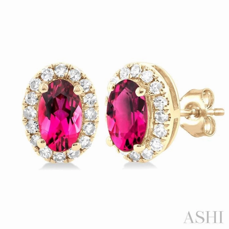 Celebration Style 5x3 MM Oval Shape Pink Tourmaline and 1/8 Ctw Single Cut Diamond Halo Semi-Precious Stud Earrings in 14K Yellow Gold