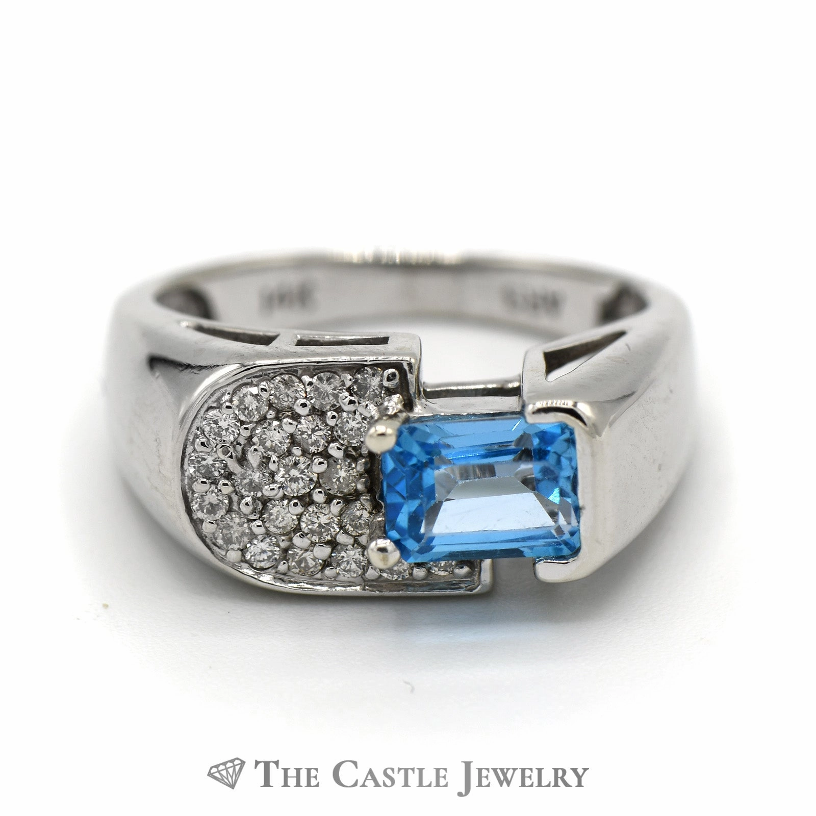 Emerald Cut Blue Topaz and Diamond Cluster Ring in 14k White Gold Minimal Look Comfortable Piece