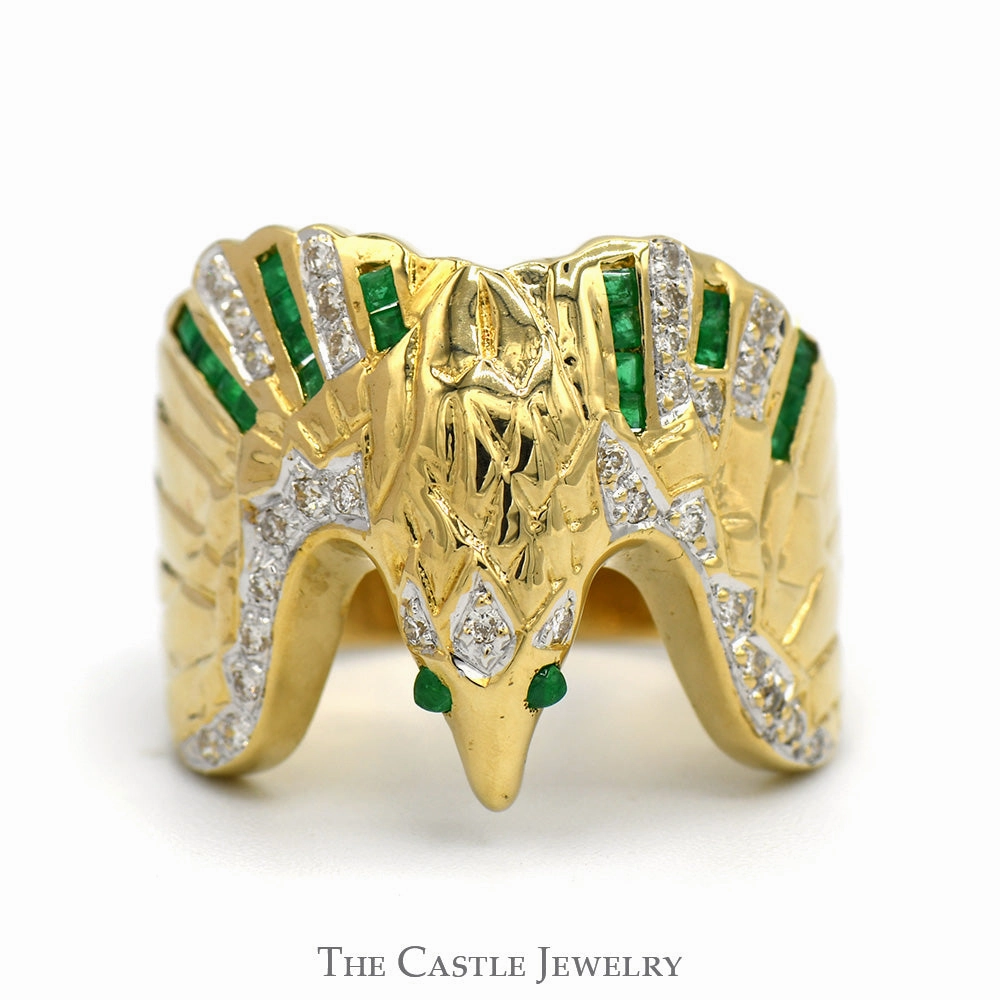 Creative Symbol Hypoallergenic Craft Diamond & Emerald Eagle Ring in 18k Yellow Gold