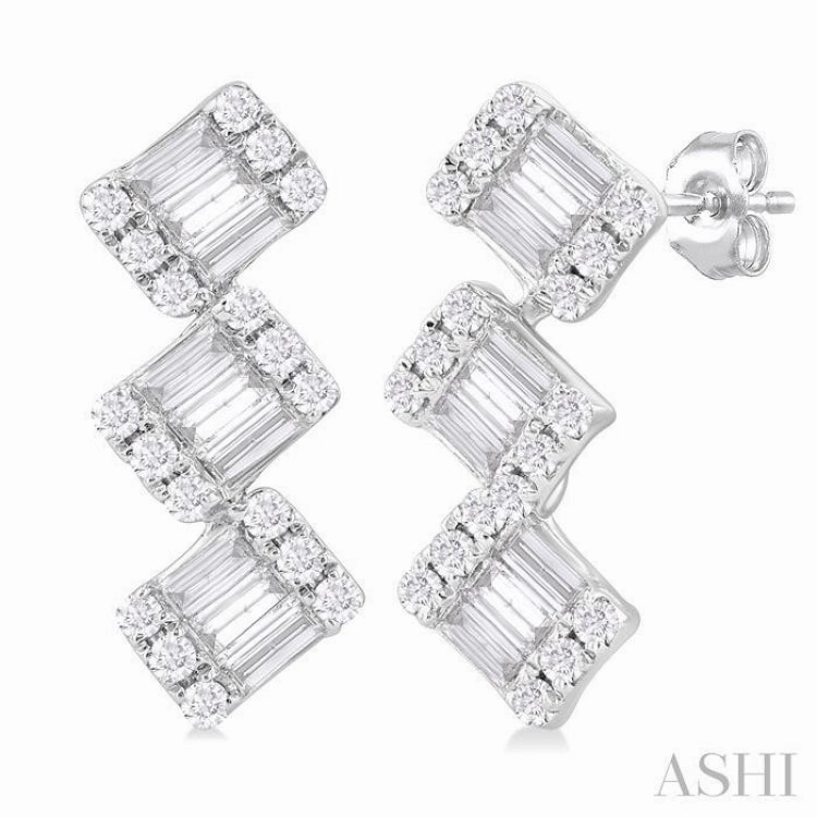 1/3 Ctw Zig-Zag Fusion Baguette and Round Cut Diamond Fashion Earrings in 10K White Gold Refined Style