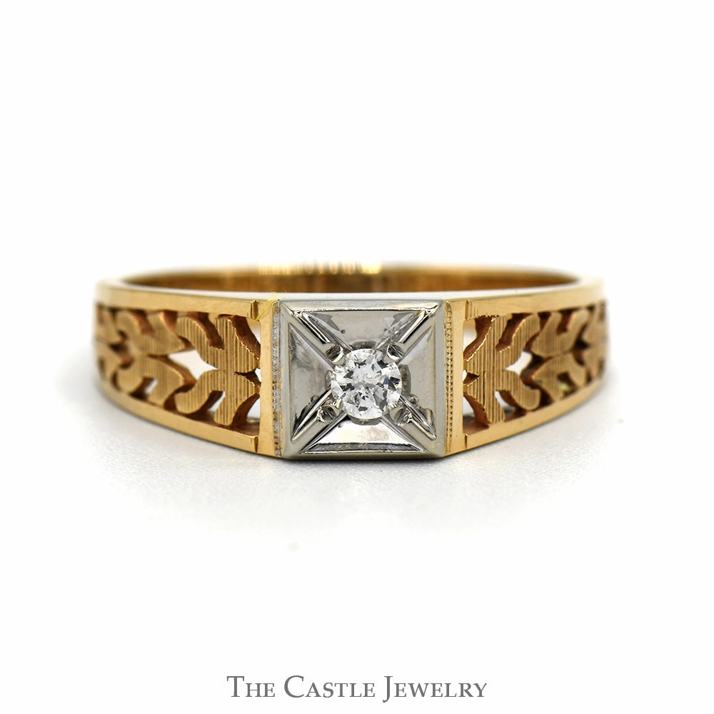 .10ct Diamond Solitaire Ring with Open Leaf Designed Sides in 10k Yellow Gold Stylish Embellishment