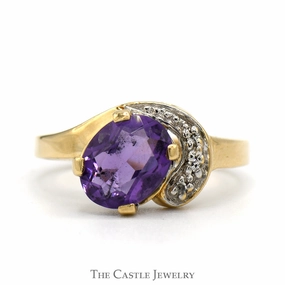 Oval Cut Amethyst Ring with Diamond Accented Swirled Design in 14k Yellow Gold Minimalist Bauble
