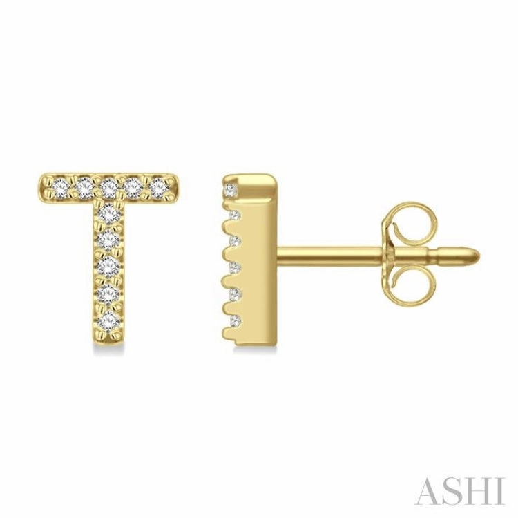 1/10 Ctw Initial 'T' Round Cut Diamond Earrings in 10K Yellow Gold Daily Gift