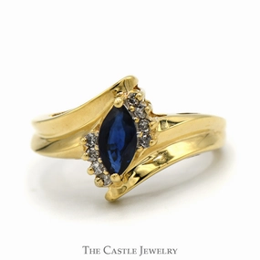 Durable Object Marquise Cut Sapphire Ring with Diamond Accents in 10k Yellow Gold