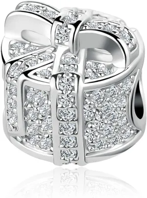Sparkling Gift Box Charm Compatible with Pandora Charm Bracelets Silver Clear CZ Bead Family Mom Birthday Anniversary