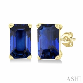 5X3 MM Octagon Shape Sapphire Precious Stud Earrings in 14K Yellow Gold Smooth Spark Polished Shape