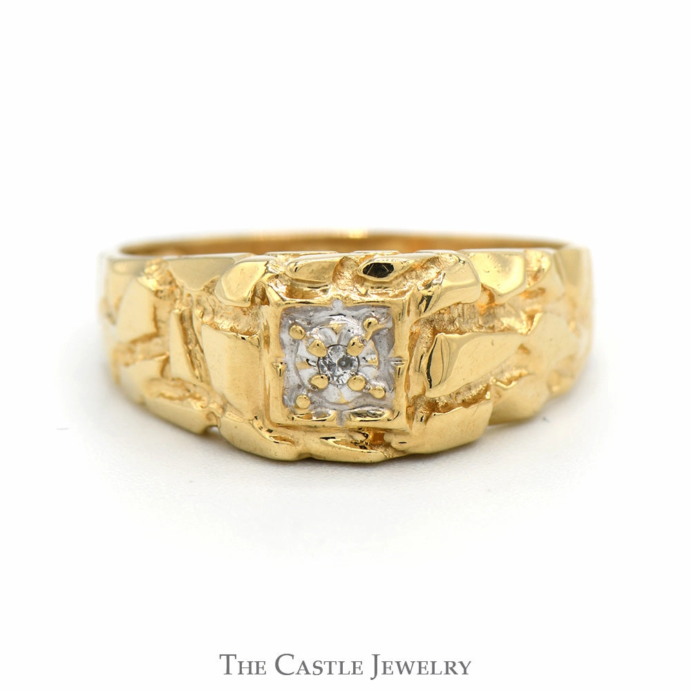 Fresh Detail Personal Item Illusion Set Diamond Ring with Textured Nugget Sides in 10k Yellow Gold