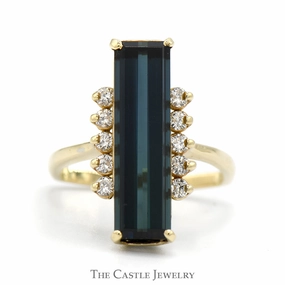 Minimal Simplicity Elongated Blue Tourmaline Ring with Round Diamond Accents in 10k Yellow Gold