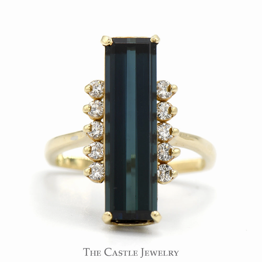 Minimal Simplicity Elongated Blue Tourmaline Ring with Round Diamond Accents in 10k Yellow Gold