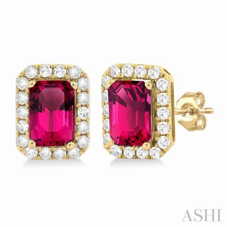 6x4 MM Octagonal Shape Pink Tourmaline and 1/4 Ctw Round Cut Diamond Halo Semi-Precious Stud Earrings in 10K Yellow Gold Premium Radiance