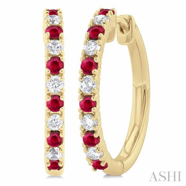 1.80 MM Round Shape Ruby and 1/4 Ctw Round Cut Diamond Precious Hoop Earring in 10K Yellow Gold Vintage Pop