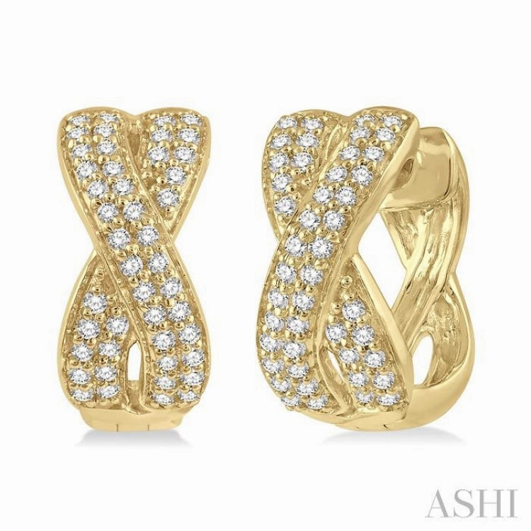 Sleek Detailing Precious Gem 1/3 Ctw Crossover Round Cut Diamond Petite Huggie Earrings in 14K Yellow Gold