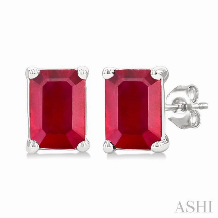 4X3 MM Octagon Shape Ruby Precious Stud Earrings in 14K White Gold Highlight Edge Neat Spark