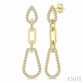 Cool Detail 3/4 Ctw Open Window Pear Shape Link Round Cut Diamond Fashion Earrings in 14K Yellow Gold