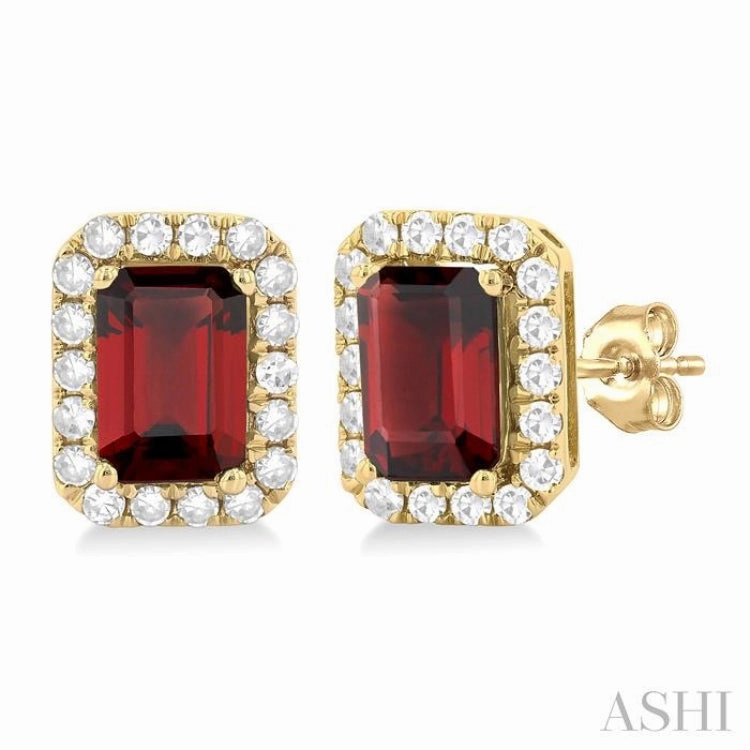 6x4 MM Octagonal Shape Garnet and 1/4 Ctw Round Cut Diamond Halo Semi-Precious Stud Earrings in 14K Yellow Gold Graceful Beauty Sculpted Feature