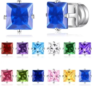Spiritlele 12 Pairs Birthstone Magnetic Earrings Set Cubic Zirconia Clip on Non Piercing Fake Stud Earrings Birthday Gifts Unisex