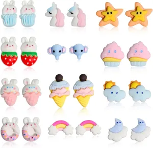 Spiritlele 12 Pairs Bunny Cartoon Magnetic Earrings Set Resin Clip on Non Piercing Fake Earrings for Women