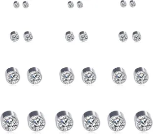 Spiritlele 12 Pairs Clear Crystal Magnetic Earrings Set Clip on Non Piercing Fake Stud Earrings for Unisex