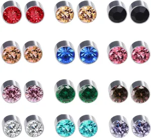 Spiritlele 12 Pairs Colors Crystal Magnetic Earrings Set Fake Stud Earrings Clip on Non Piercing Earrings Pack Unisex