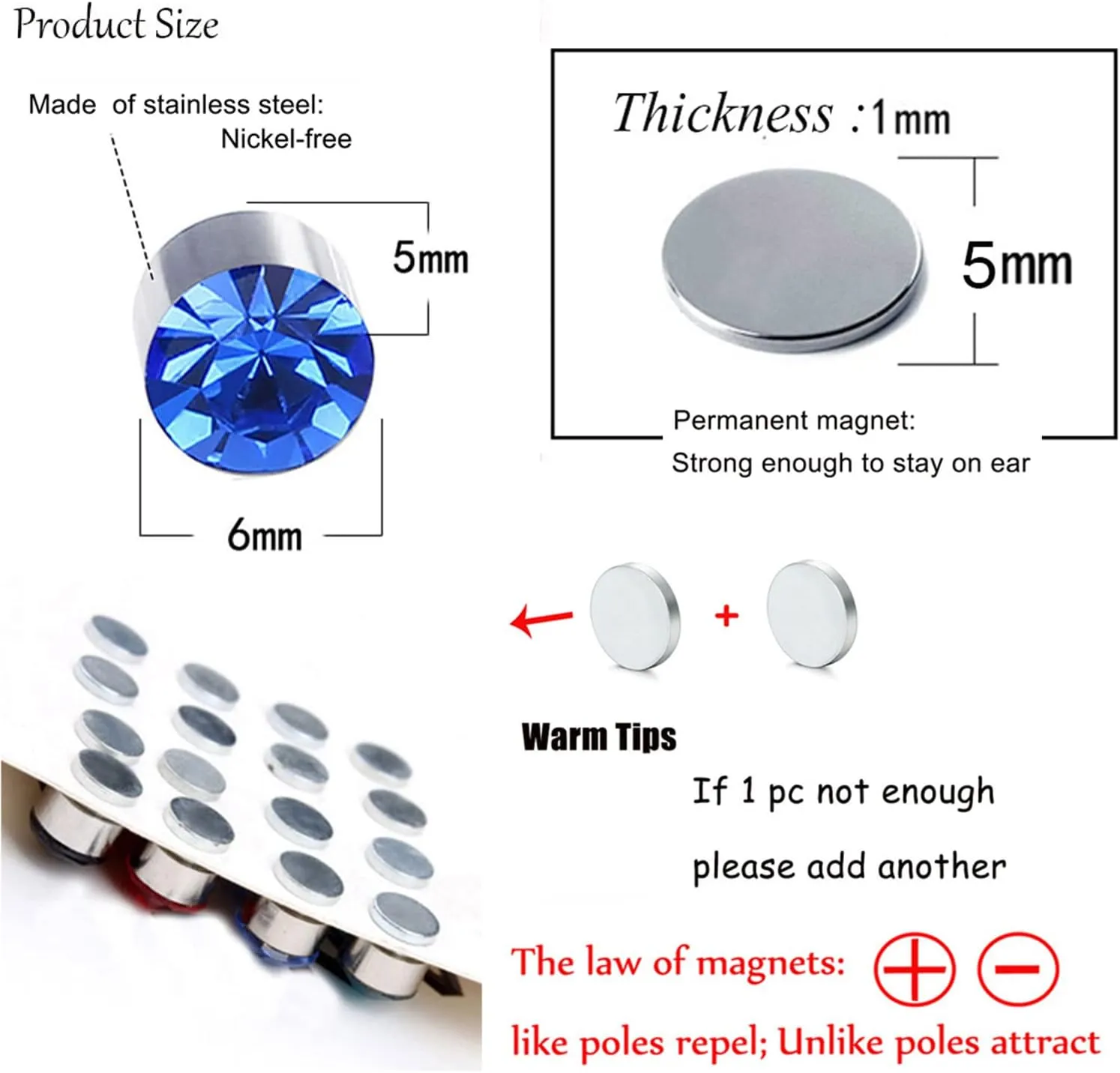 Spiritlele 12 Pairs Colors Crystal Magnetic Earrings Set Fake Stud Earrings Clip on Non Piercing Earrings Pack Unisex
