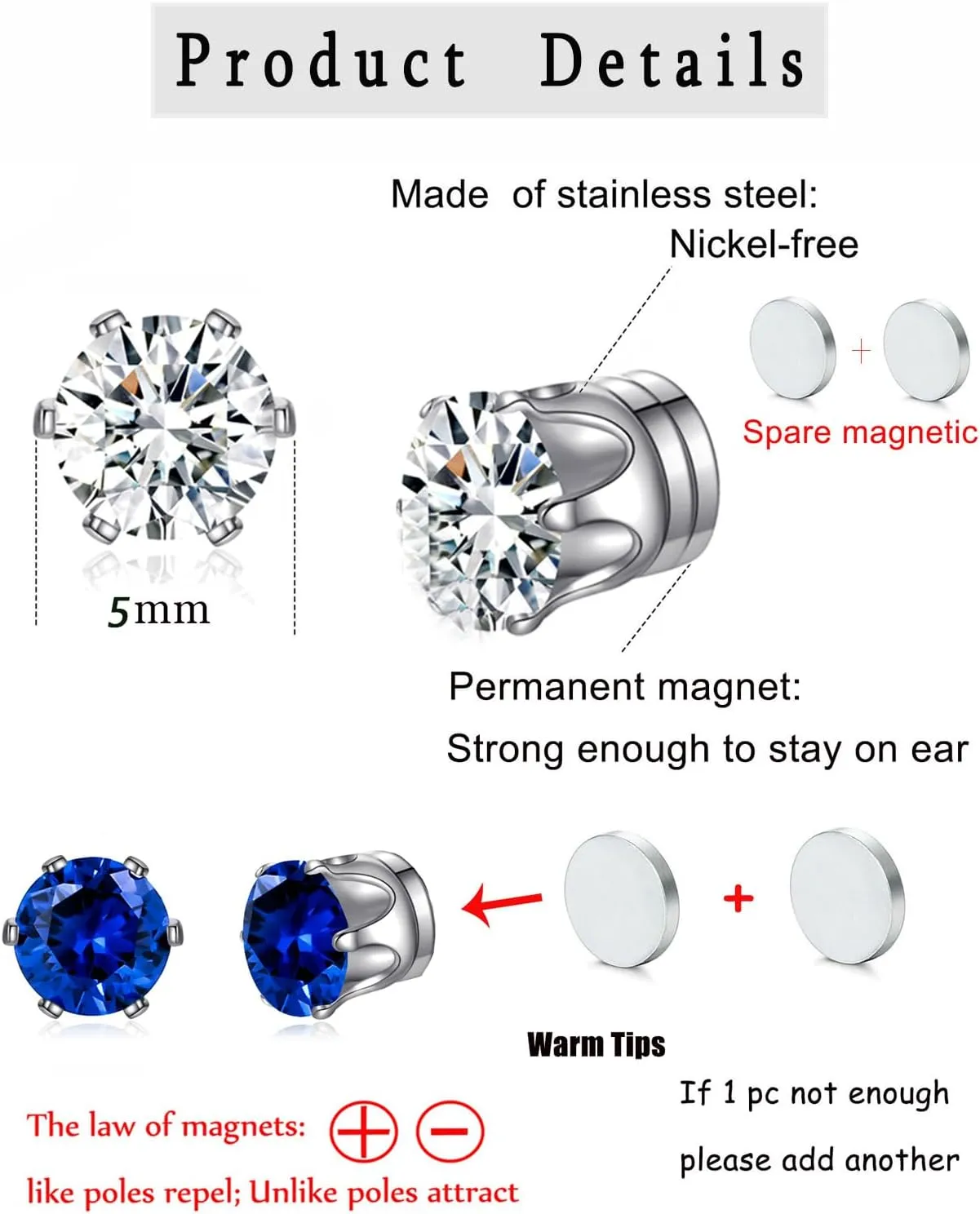 Spiritlele 12 Pairs Colors Cubic Zirconia Magnetic Earrings Set Clip on Non Piercing Earrings Unisex