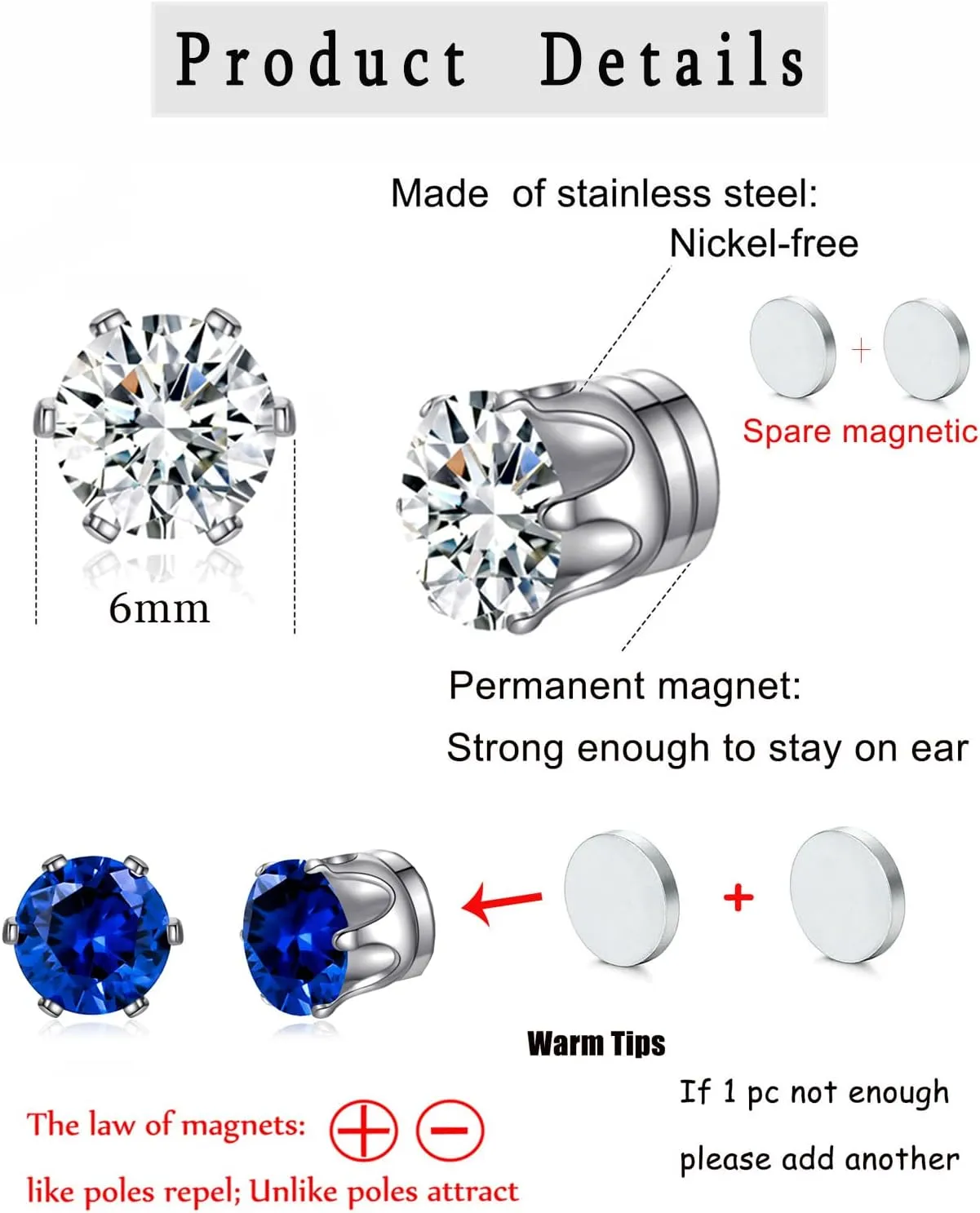 Spiritlele 12 Pairs Small Big Cubic Zirconia Magnetic Earrings Clip on Non Piercing Earrings Set Unisex 4MM-7MM