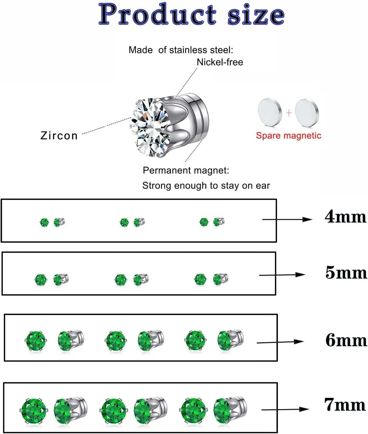 Spiritlele 12 Pairs Small Big Cubic Zirconia Magnetic Earrings Clip on Non Piercing Earrings Set Unisex 4MM-7MM