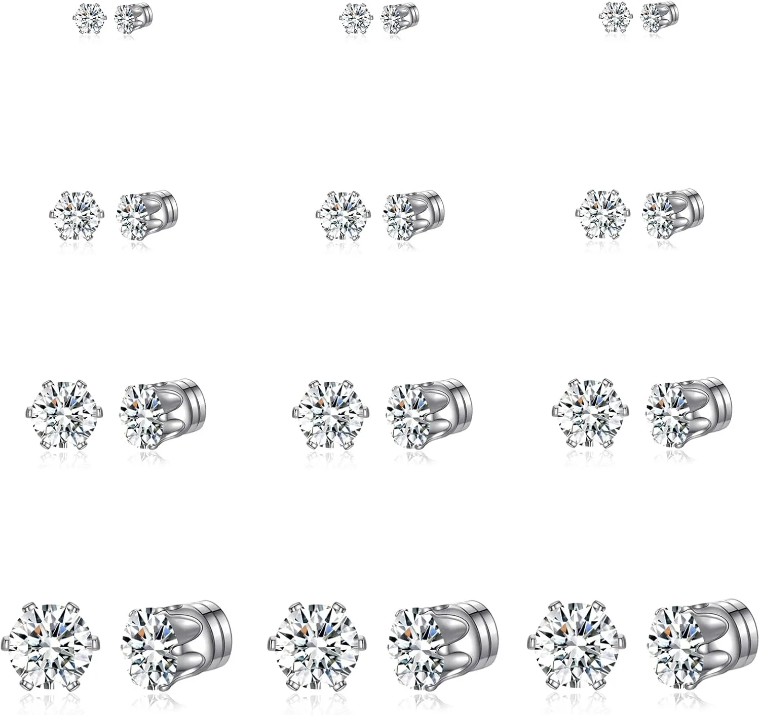 Spiritlele 12 Pairs Small Big Cubic Zirconia Magnetic Earrings Clip on Non Piercing Earrings Set Unisex 4MM-7MM