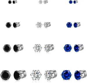 Spiritlele 12 Pairs White Black Blue Cubic Zirconia Magnetic Earrings Set Clip on Non Piercing Fake Stud Earrings Unisex