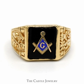Square & Compass Black Onyx Masonic Ring with Blue Enamel Detail and Plumb & Trowel Sides in 10k Yellow Gold All Style Evening Outfit