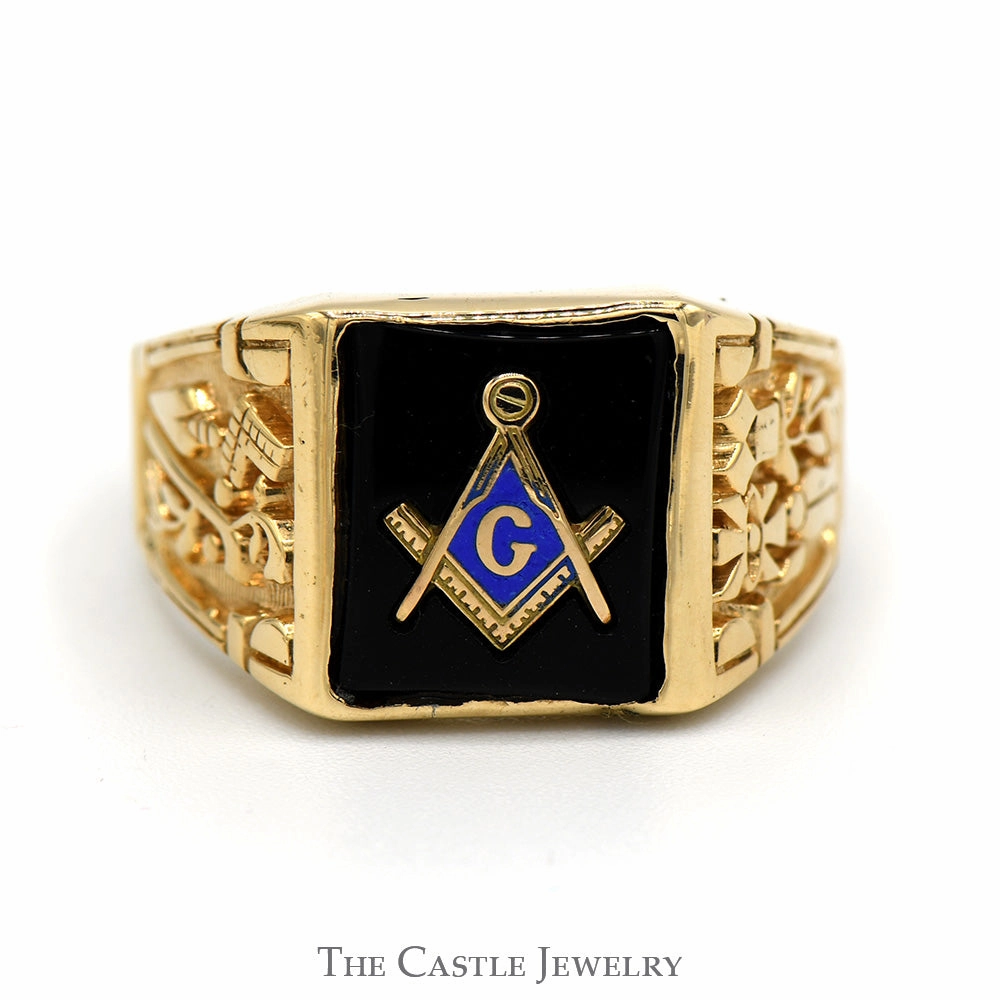 Square & Compass Black Onyx Masonic Ring with Blue Enamel Detail and Plumb & Trowel Sides in 10k Yellow Gold All Style Evening Outfit