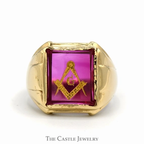 Square & Compass Masonic Ring on Red Stone in 10k Yellow Gold Gift For Her Elegant Simplicity