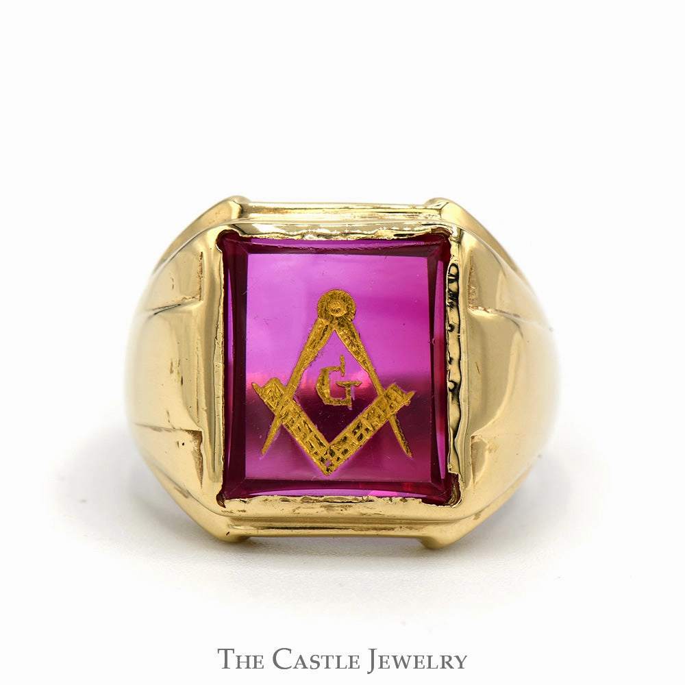 Square & Compass Masonic Ring on Red Stone in 10k Yellow Gold Gift For Her Elegant Simplicity