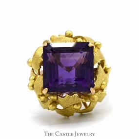 Square Cut Amethyst Ring with Brushed Leaf Inspired Bezel in 14k Yellow Gold Ornate Emblem Modern Symbol
