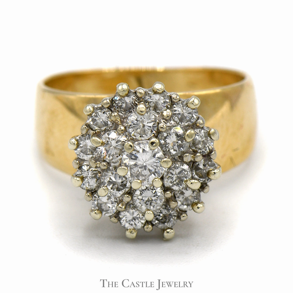 1cttw Diamond Cluster Ring in Wide 14k Yellow Gold Band Setting Custom Statement
