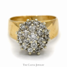 1cttw Diamond Cluster Ring in Wide 14k Yellow Gold Band Setting Custom Statement