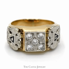 Beautiful Gift Square Shaped Diamond Cluster Masonic Ring in 10k Yellow Gold
