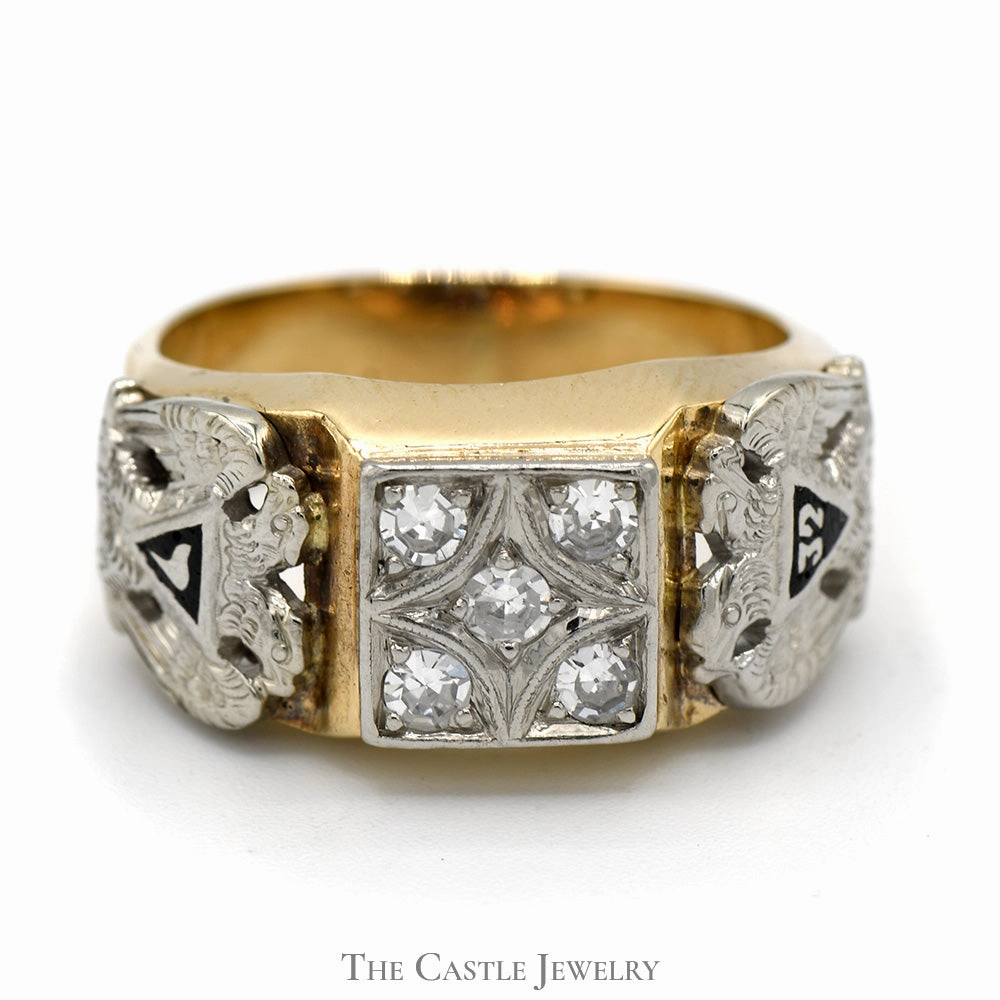 Beautiful Gift Square Shaped Diamond Cluster Masonic Ring in 10k Yellow Gold