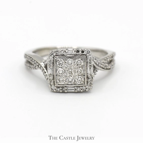 Square Shaped Diamond Cluster Ring with Diamond Accented Twisted Sides in 10k White Gold Vintage Trinket