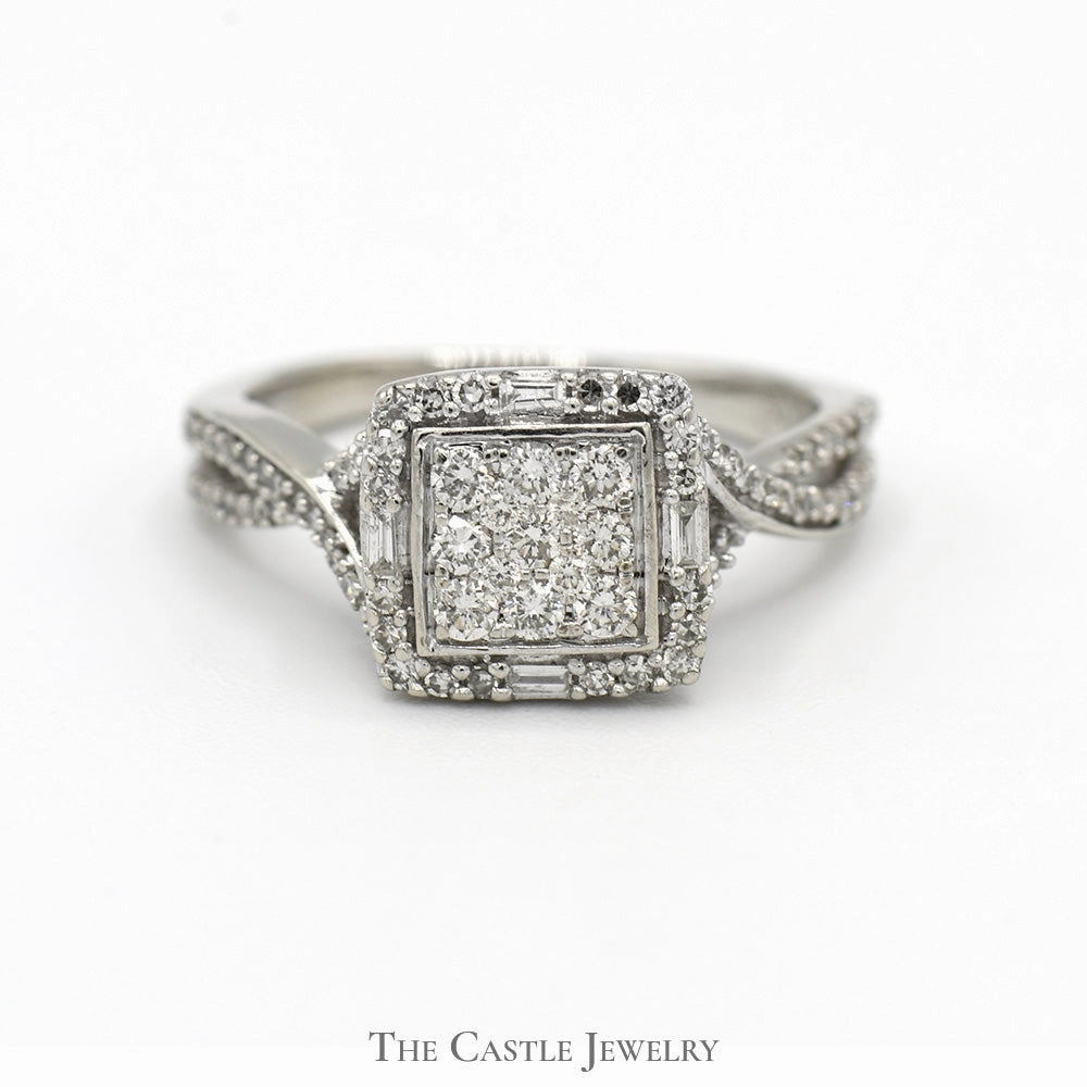 Square Shaped Diamond Cluster Ring with Diamond Accented Twisted Sides in 10k White Gold Vintage Trinket