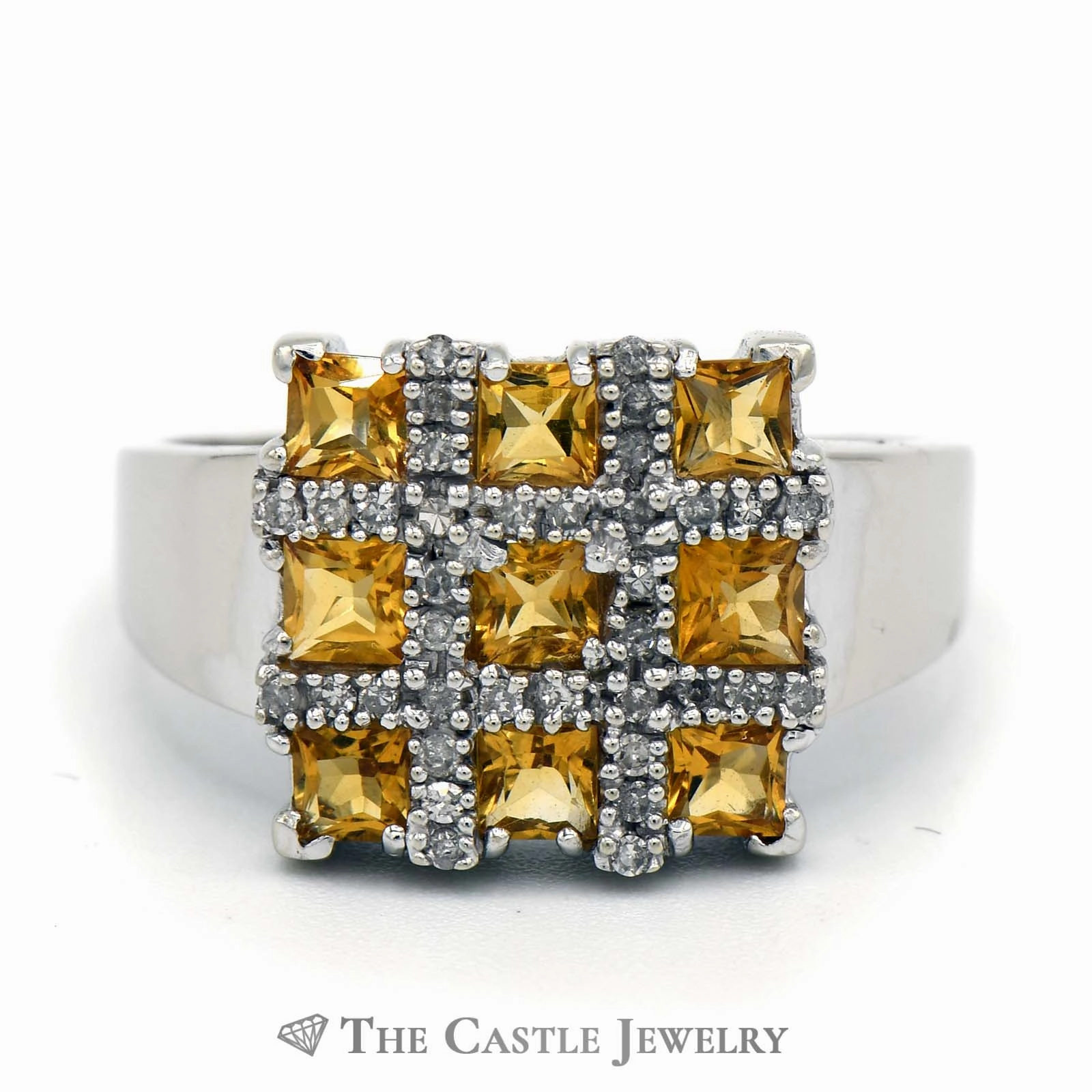 Square Shaped Grid Design Citrine and Diamond Cluster Ring in 10K White Gold Glamorous Accessory