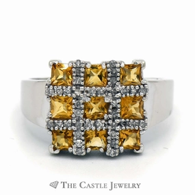 Square Shaped Grid Design Citrine and Diamond Cluster Ring in 10K White Gold Glamorous Accessory