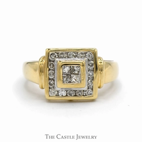 Square Shaped Invisi-set Princess Cut Diamond Cluster Ring with Round Diamond Halo in 14k Yellow Gold Prize Piece
