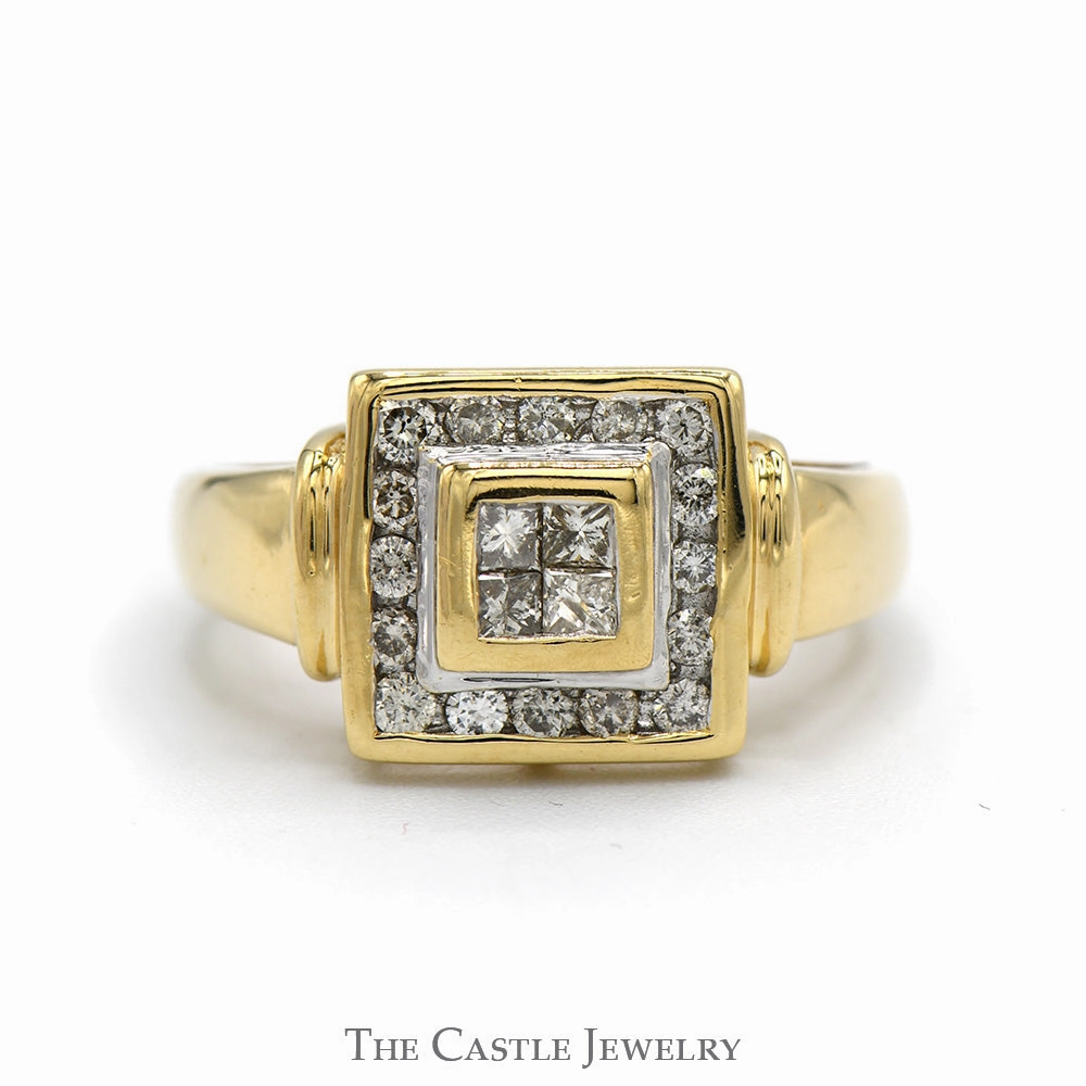 Square Shaped Invisi-set Princess Cut Diamond Cluster Ring with Round Diamond Halo in 14k Yellow Gold Prize Piece