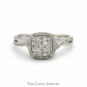 Square Shaped Round and Baguette Cut Diamond Cluster Engagement Ring in 10k White Gold Gentle Finish Hypoallergenic Design