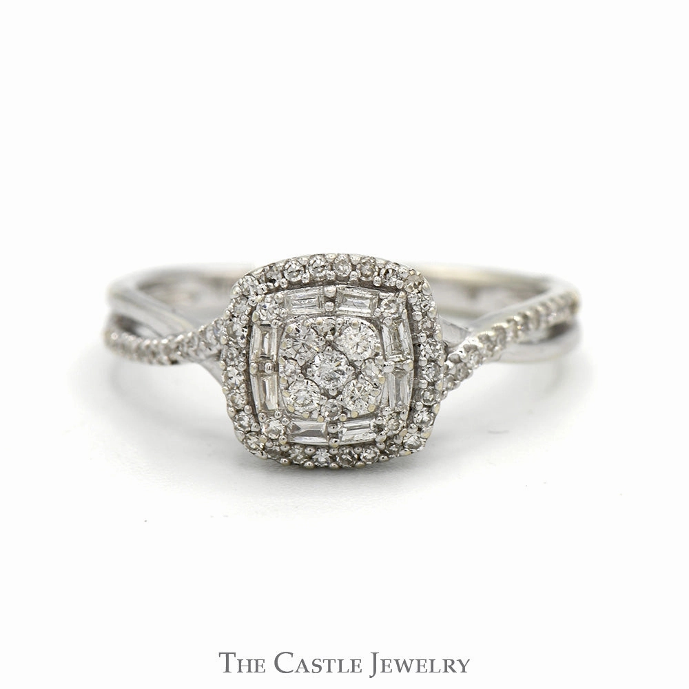 Square Shaped Round and Baguette Cut Diamond Cluster Engagement Ring in 10k White Gold Gentle Finish Hypoallergenic Design