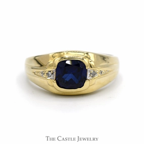 Minimalist Adornment Part Of Collection Square Shaped Sapphire Men's Ring with Illusion Set Diamond Accents in 10k Yellow Gold