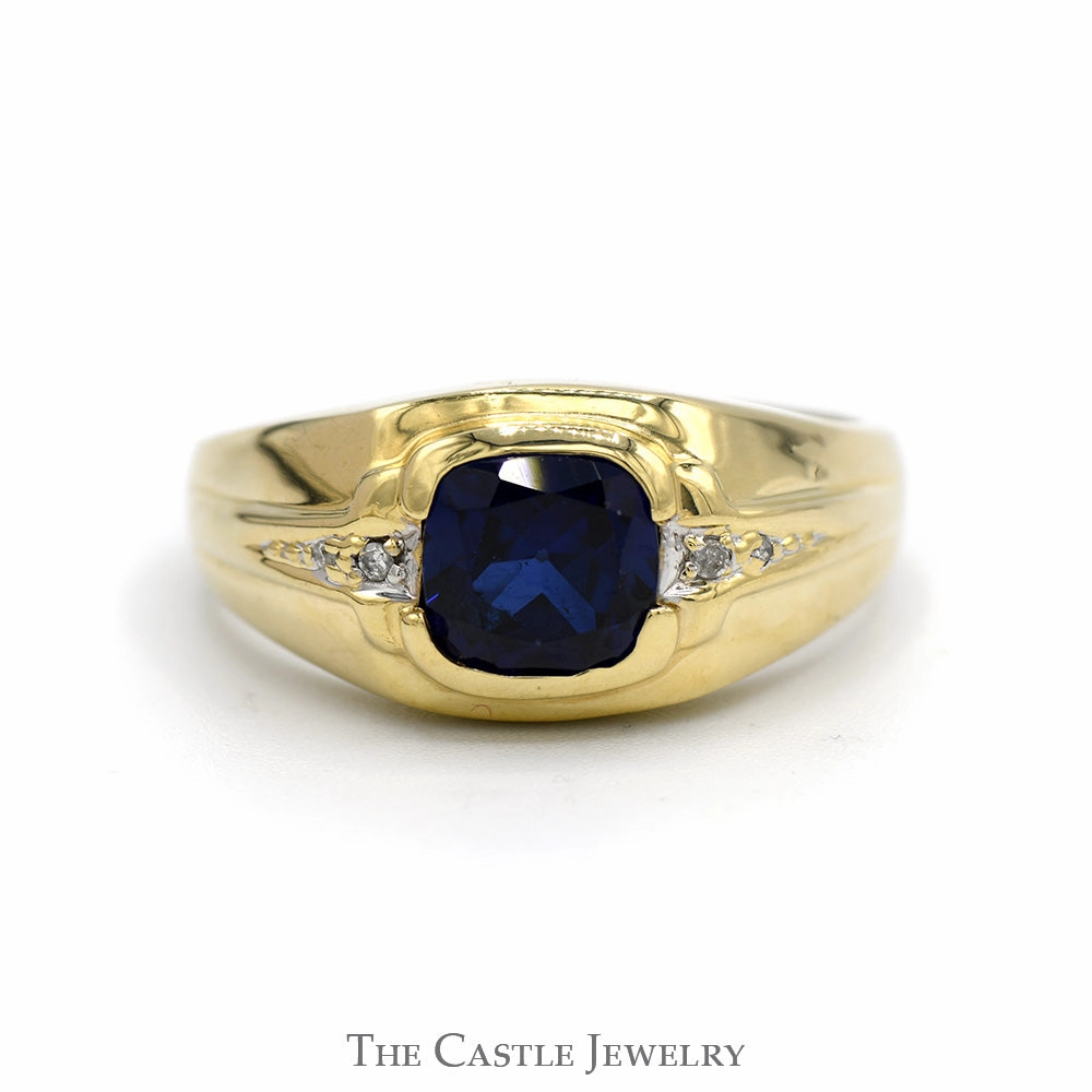 Minimalist Adornment Part Of Collection Square Shaped Sapphire Men's Ring with Illusion Set Diamond Accents in 10k Yellow Gold